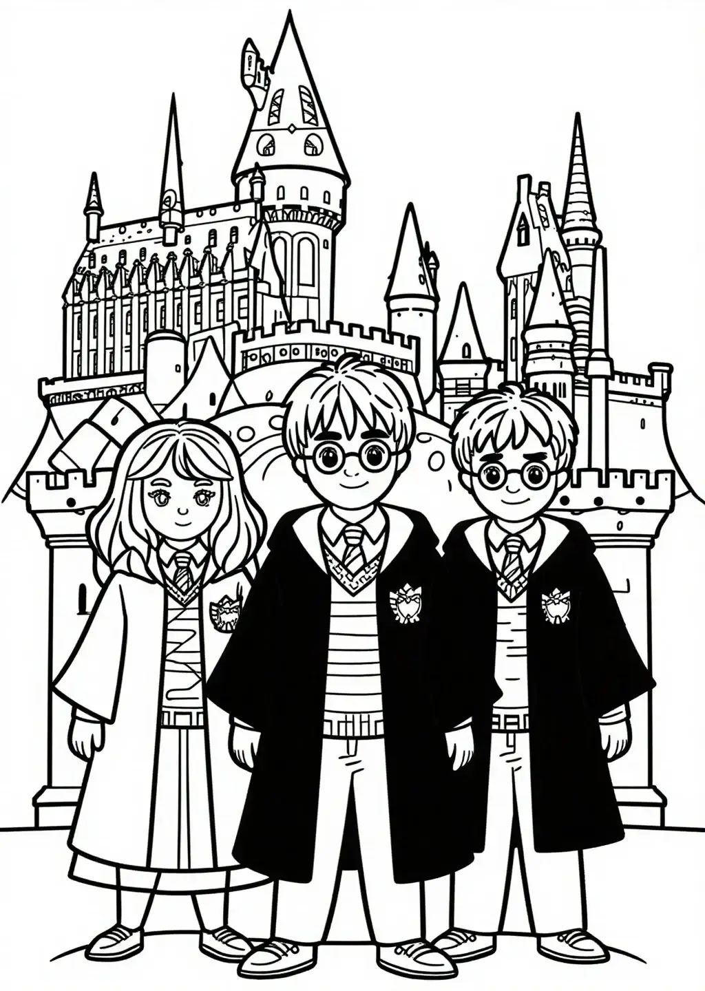 Harry, Hermione & Ron devant Poudlard Coloriage
