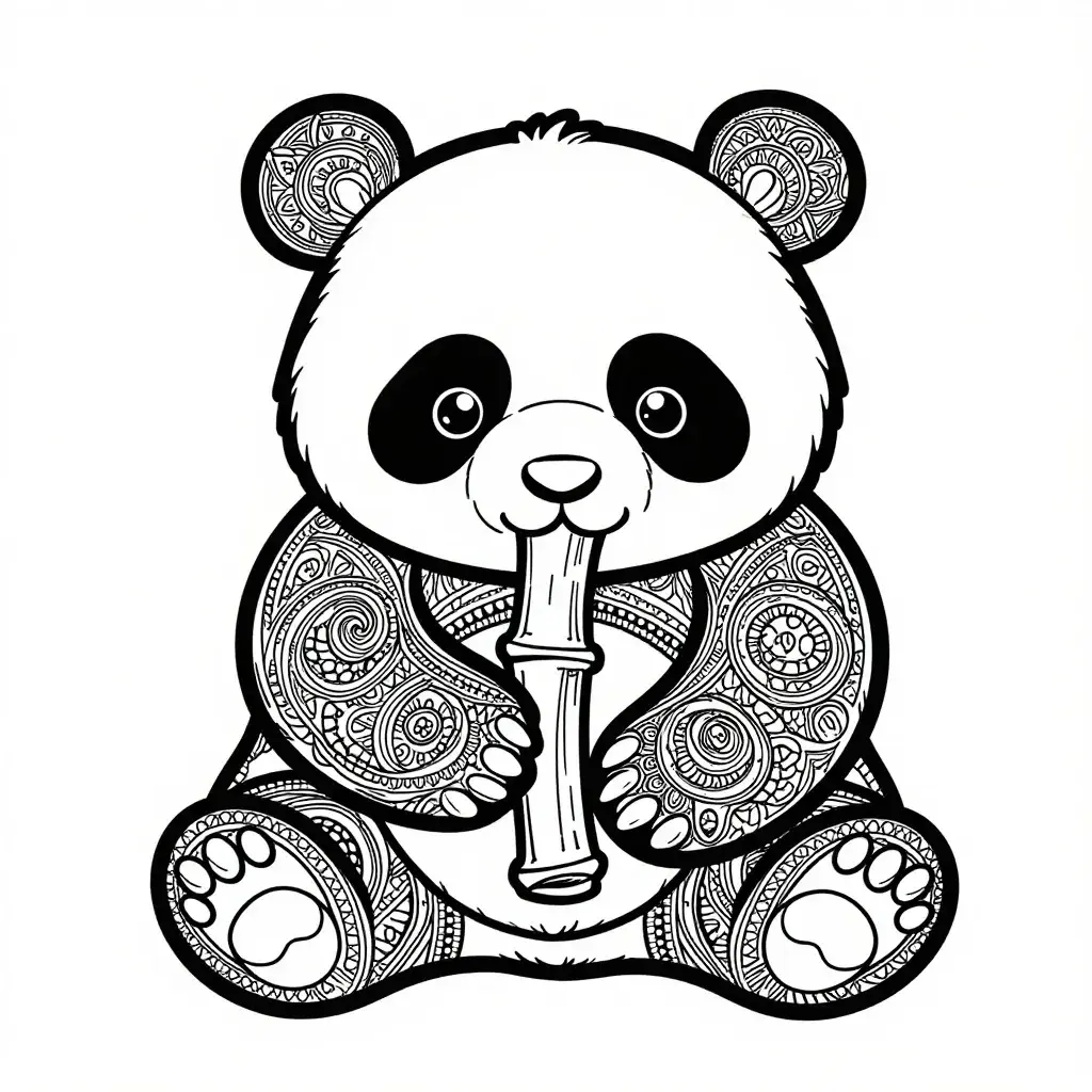 Adorable Bébé Panda Goûter Bambou Coloriage