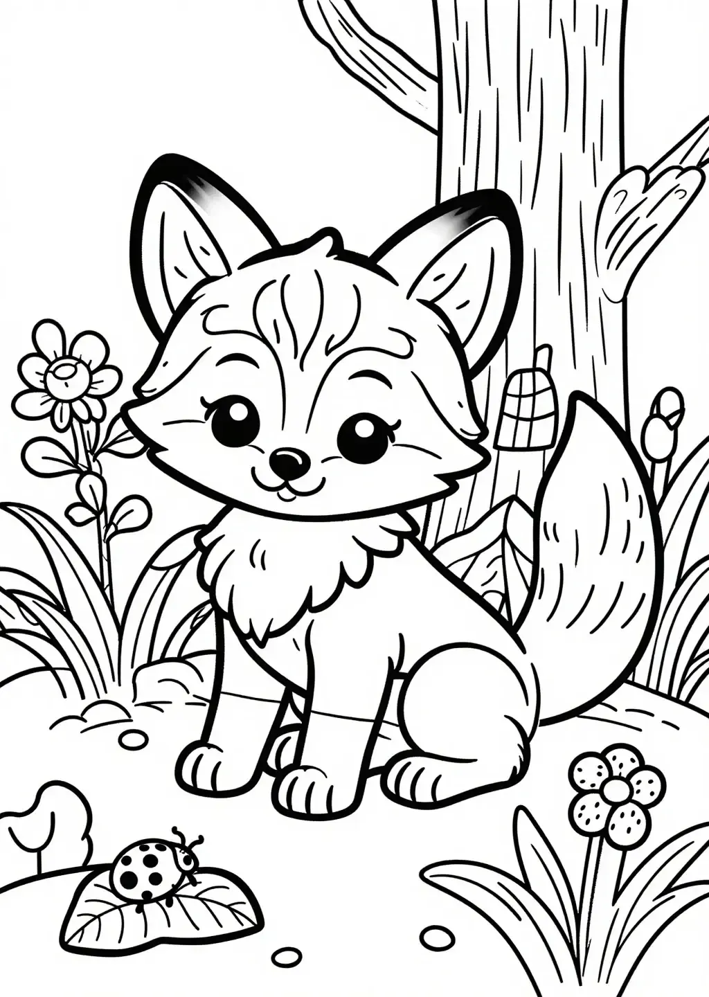 Renardeau Joyeux dans Champ de Fleurs Coloriage