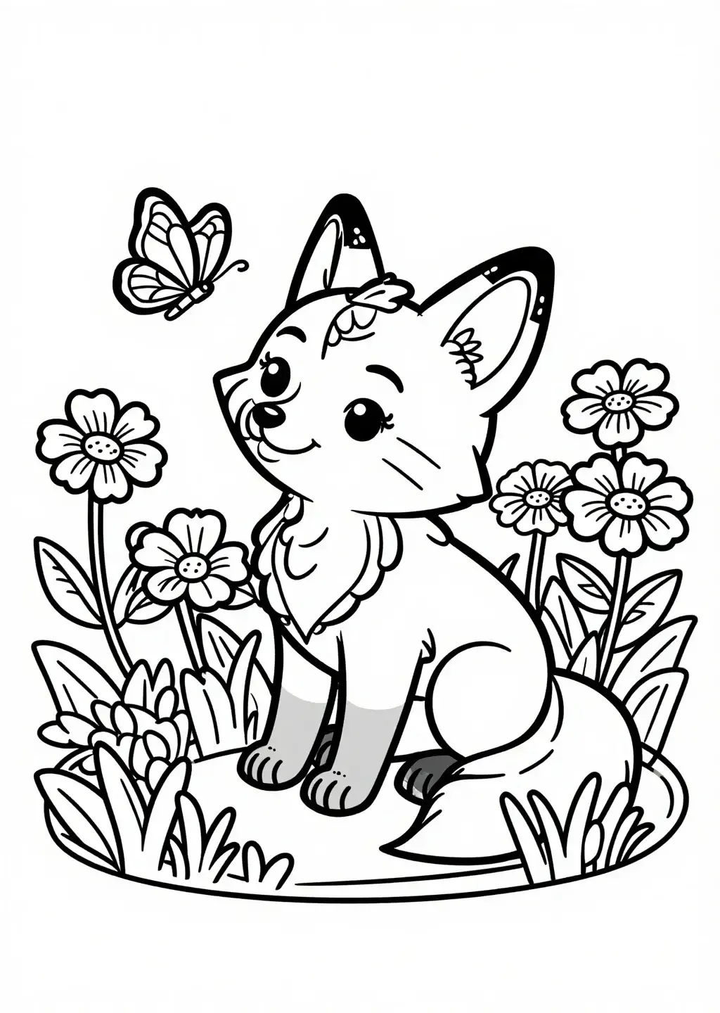 Whimsical Fox Cub & Butterfly in Wildflowers